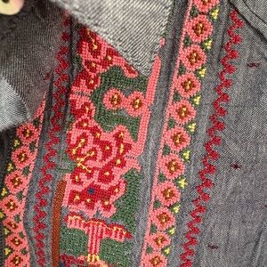 Sundance Gray Cotton Textile with Red and Green Embroidery